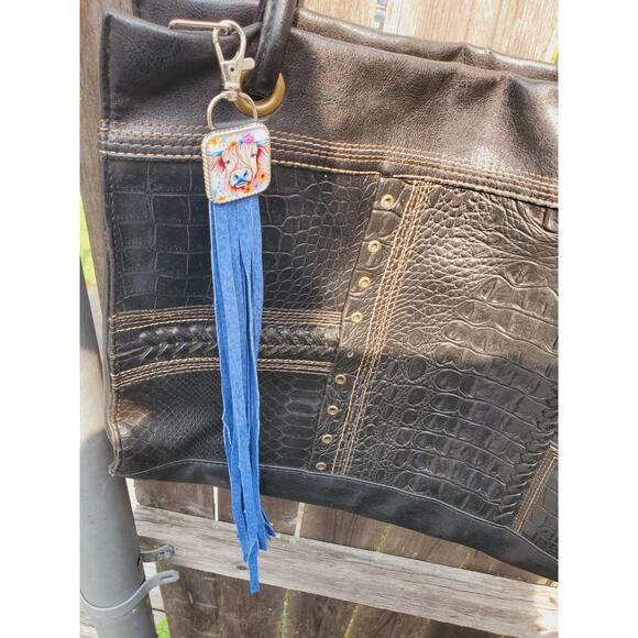 Handmade cow lover boho Leather Fringe Western bag charm, Long fringe keychain - Picture 3 of 4